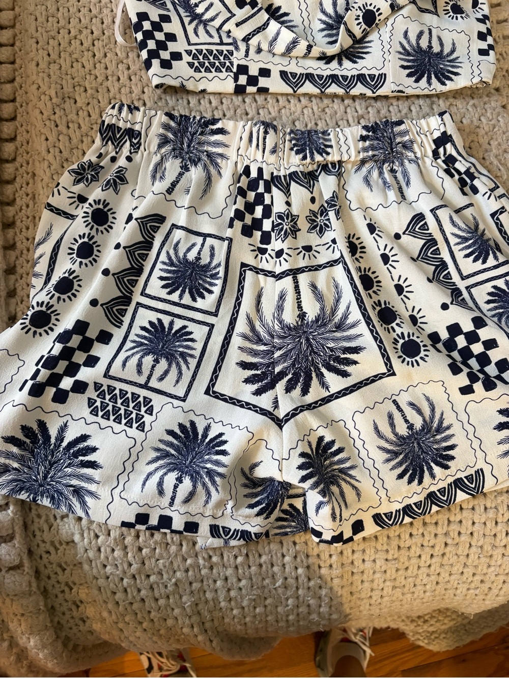 Women's Two-Piece Palm Print Skirt Set - Navy on Cream - Picture 4 of 5
